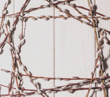 Eski ahşap plakalar ve çiçekli willow twigs bahar kökenli