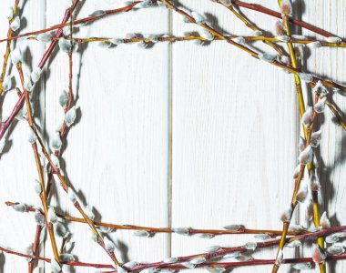 Eski ahşap plakalar ve çiçekli willow twigs bahar kökenli