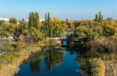 Nehir, mavi gökyüzü ve orman. Güzel güneşli sonbahar manzara