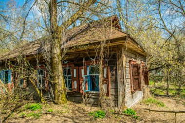 Dışlama bölgesinde terk edilmiş eski kır evi. Çernobil nükleer felaketinin sonuçları