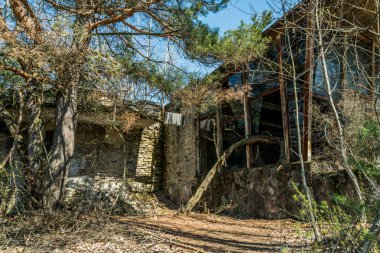 Pripyat 'ın terk edilmiş hayalet kasabasının sokağı. Çernobil nükleer felaketinin yasak bölgesindeki ağaçlar ve yıkılan evler.