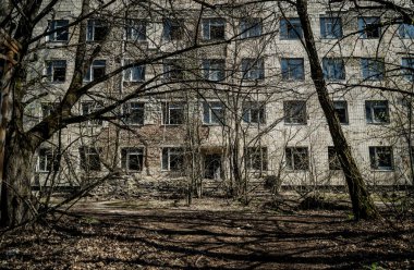 Pripyat 'ın terk edilmiş hayalet kasabasının sokağı. Çernobil nükleer felaketinin yasak bölgesindeki ağaçlar ve yıkılan evler.