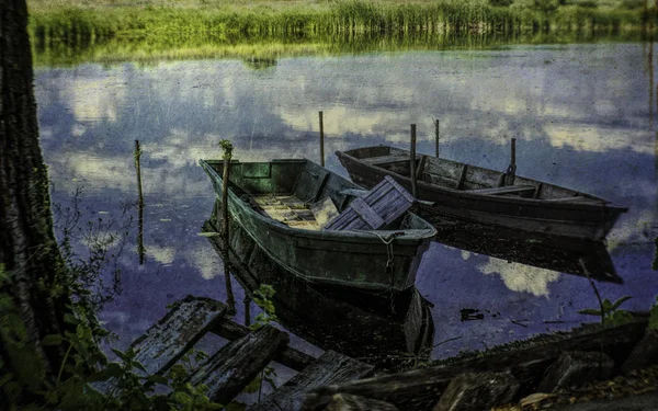 Old Wooden Boats Shore Marshy River Rustic Landscape Louisiana Usa — Stock Photo, Image