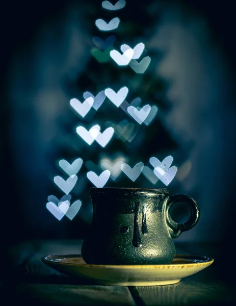 Filiżanka Kawy Romantyczne Świąteczne Żarówki Walentynkowa Karta — Zdjęcie stockowe