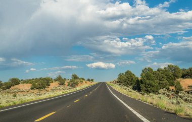 Arizona'nın kurak manzarası. Çöken kumtaşı dağlar ve otoyol