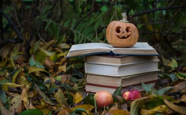  Old books against the background of fallen yellow leaves in the autumn garden clipart