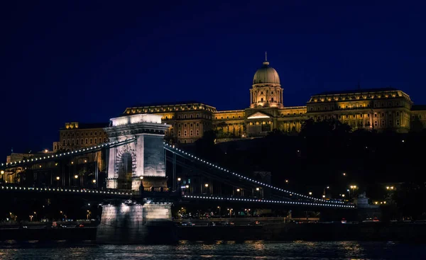 Nacht Panorama Van Het Oude Boedapest Rivier Donau — Stockfoto