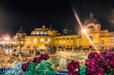 Budapeşte / Macaristan - 30 Ağustos 2019: Budapeşte, Macaristan'da ünlü Secheni Termal Havuzları. Eğlenmek ve yıkanan insanlar. Su tedavileri için halka açık tedavi havuzları ve saunalardan oluşan sağlıklı yaşam kompleksi