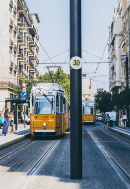 Budapeşte / Macaristan - 29 Ağustos 2019: Budapeşte'deki Macar Parlamento Binası önünde eski sarı tramvay. Macaristan'ın başkentinin tarihi merkezi. Budapeşte'de toplu taşıma