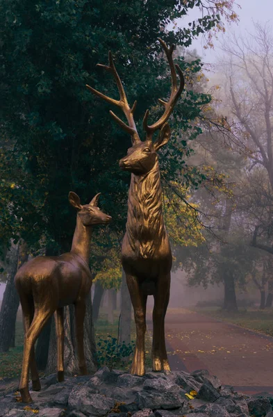 Misty Autumn Park Bronze Deer Statues — ストック写真