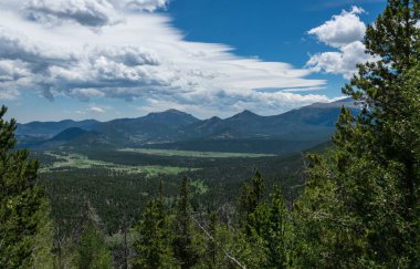 Rocky Dağları Colorado, Usa 'da yaz yeşili manzarası. Dağlar ve bulutlar
