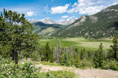 Rocky Dağları Colorado, Usa 'da yaz yeşili manzarası. Dağlar ve bulutlar