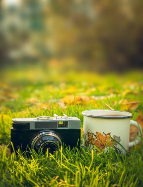 Güneşli bir sonbahar bahçesinin arka planında sıcak çay ve retro kameralı eski bir kupa.