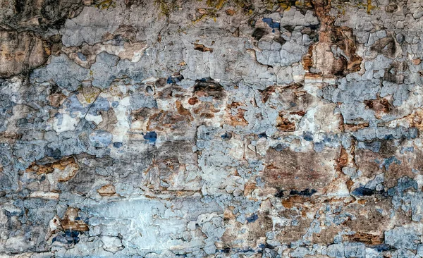Vieux Mur Briques Fissurées Avec Peinture Peeling Bleu — Photo