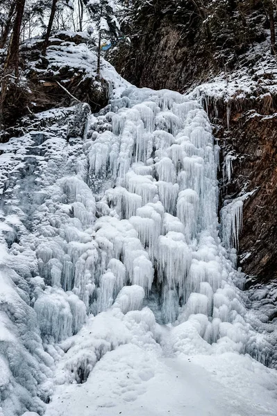 Winter Landscape Carpathian Mountains Rocks Frozen Waterfall — Stock Photo, Image