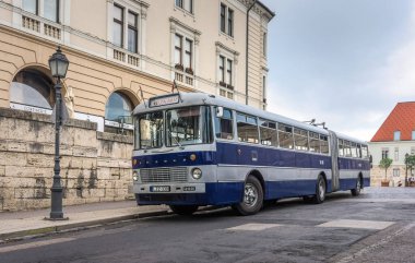 Budapeşte / Macaristan - 30 Ağustos 2019: Budapeşte, Macaristan 'daki tarihi bölgenin arka planında klasik yolcu otobüsü. Buda tepesindeki evlerin ortaçağ mimarisi. 