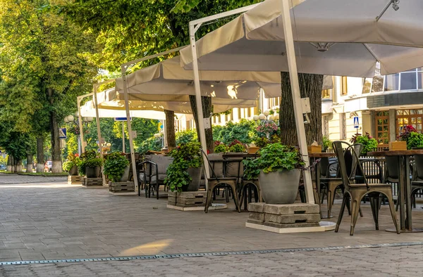 Chiuso Marciapiede Caffè Strada Deserta Mattina Della Città Antica — Foto Stock