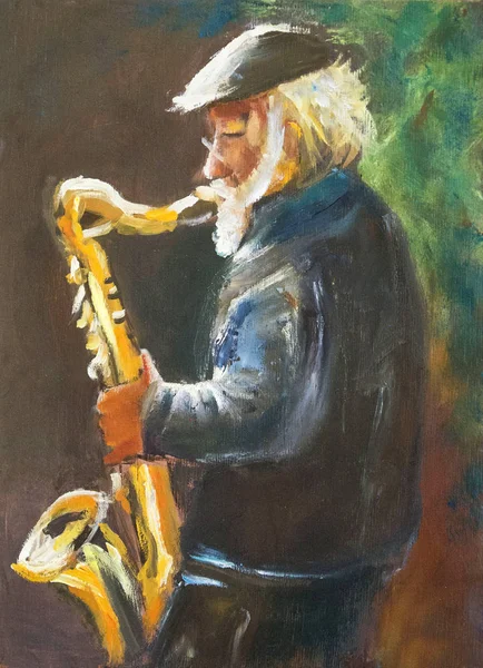 Viejo jugar en saxo pintura al óleo original en madera — Foto de Stock