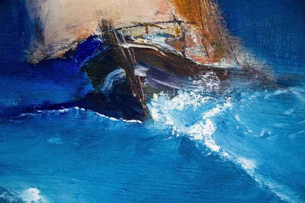 Schiff auf Leinwand gemalt. blaue Farbe mit Wellen — Stockfoto