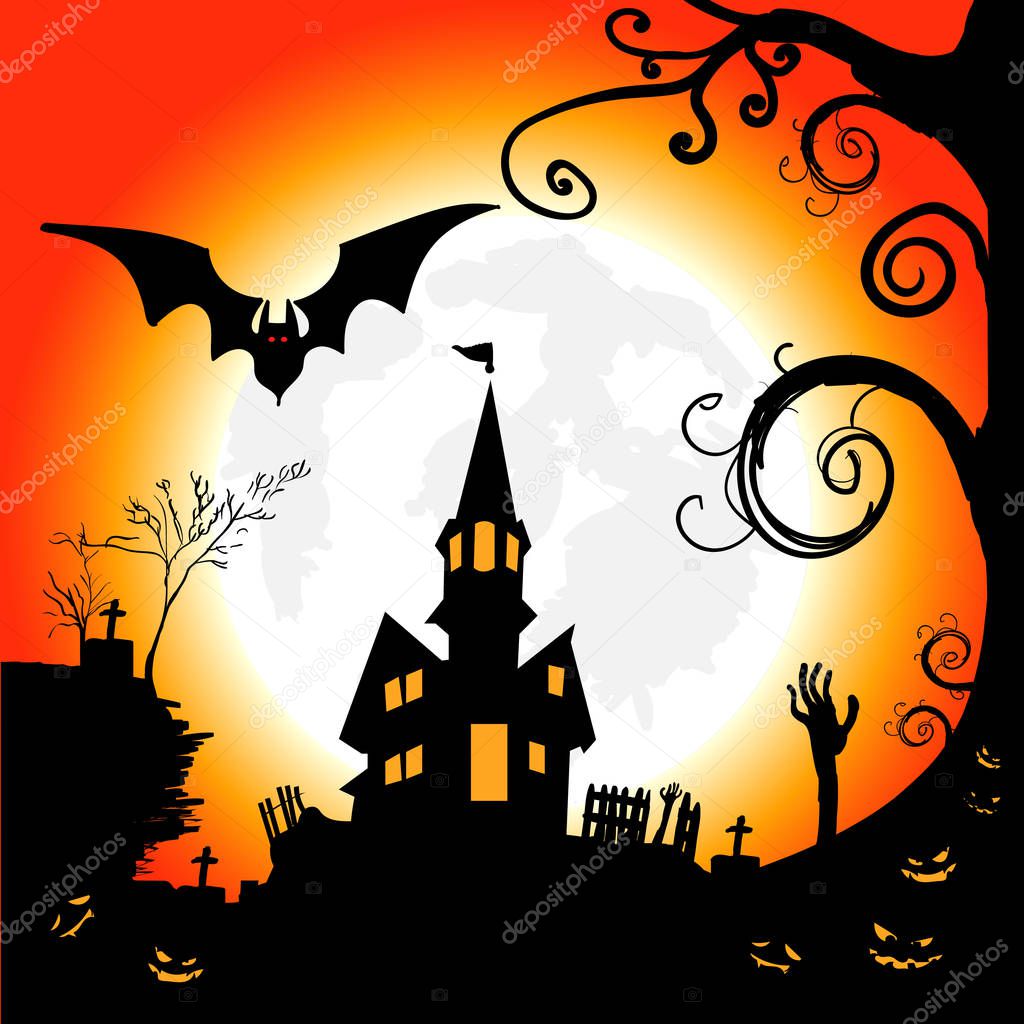 Halloween night, grunge background with Moon and bats, illustration