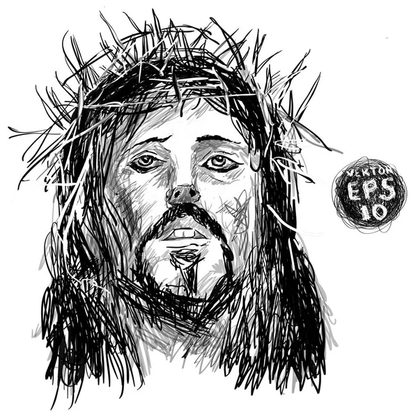イエス キリストのスケッチ タブレットでの描画ペンの手 ベクター Eps 神聖な神 — ストックベクタ