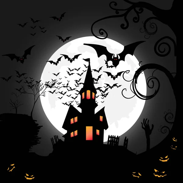 ハロウィーンの夜 月とコウモリ イラストとグランジ背景 — ストックベクタ