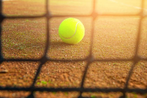 Palla da tennis close-up e rete sul campo con luce solare sullo sfondo — Foto Stock