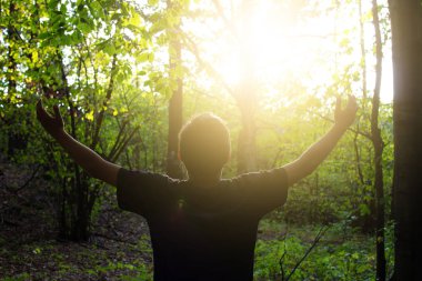 Eller yukarı ormandaki ile çocuk ibadet Tanrı. Doğa arka plan