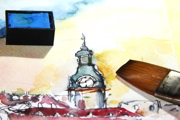 紙に水彩のクローズ アップ図 カラフルな Paintaing の背景 テクスチャ画像 古い都市のポーランド水彩絵の具 紙に水彩のクローズ アップ図 — ストック写真