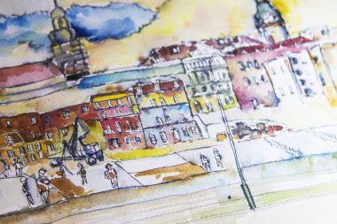 kağıt üzerine suluboya yakın çekim şekil. Renkli paintaing arka plan. Doku görüntü. eski şehir Polonya suluboya boya. kağıt üzerine suluboya yakın çekim şekil.