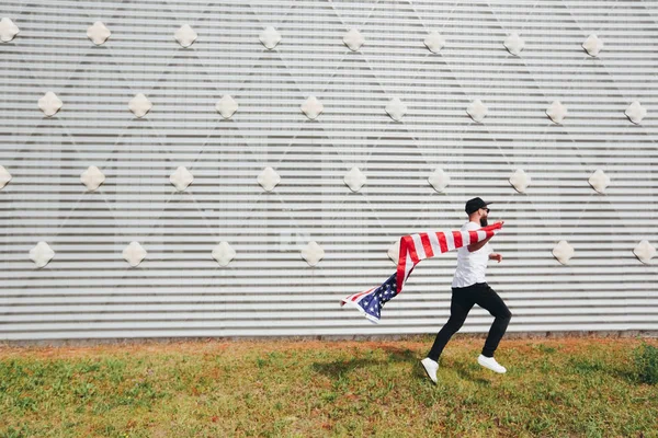 Happy Hipster Man Holding American Usa Flag Wearing Casual Clothes — Stock Photo, Image