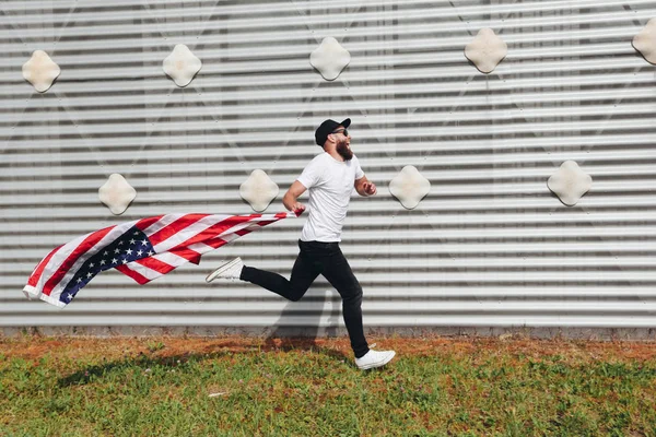 Happy Hipster Man Holding American Usa Flag Wearing Casual Clothes — Stock Photo, Image