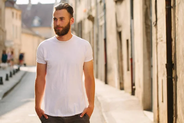Hipster Handsome Male Model Beard Wearing White Blank Shirt Space — Stock Photo, Image