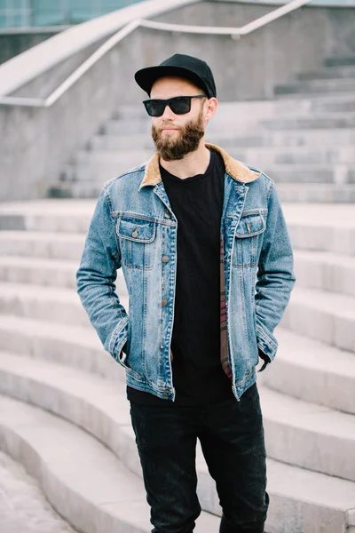 Hipster Handsome Male Model Beard Wearing Black Blank Shirt — Stock Photo, Image