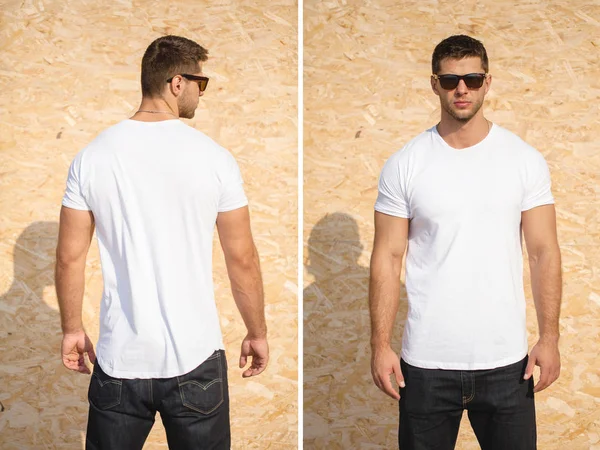 Hipster guapo modelo masculino con barba usando blanco espacio en blanco camiseta para su logotipo o diseño en estilo urbano casual —  Fotos de Stock