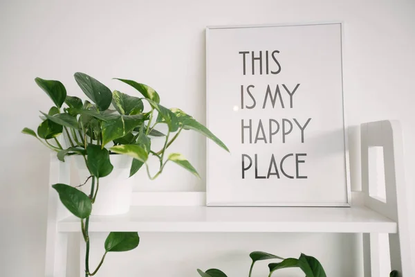 Scandinavian sign on the shelf saying about a happy place — Stock Photo, Image