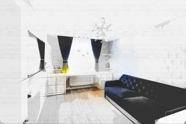Moderno design degli schizzi interni del soggiorno con divano blu e una grande finestra — Foto Stock