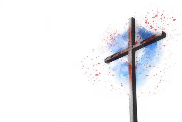 Wooden cross sketch with blood drops over white background isolated — Stock Photo, Image
