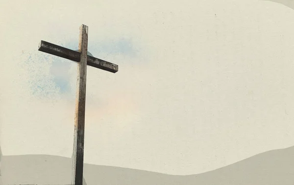 Cruz de madeira esboço fundo com céu — Fotografia de Stock