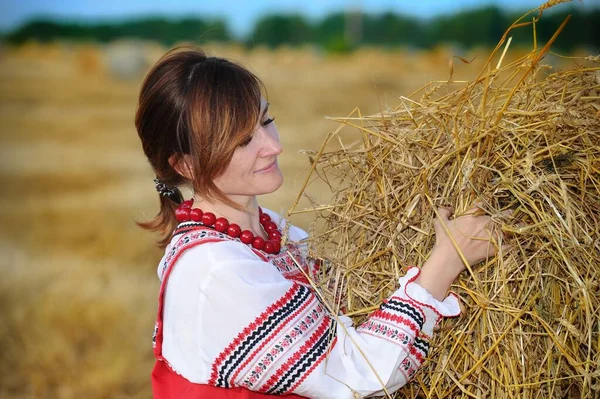 Peasant Girl National Costume White Shirt Red Sundress Field Harvest Stock Image