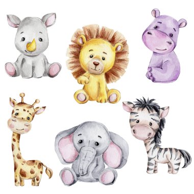 Tatlı zürafa, zebra, gergedan, fil, su aygırı ve aslan ile set; suluboya elle çizim; beyaz izole edilmiş arka plan