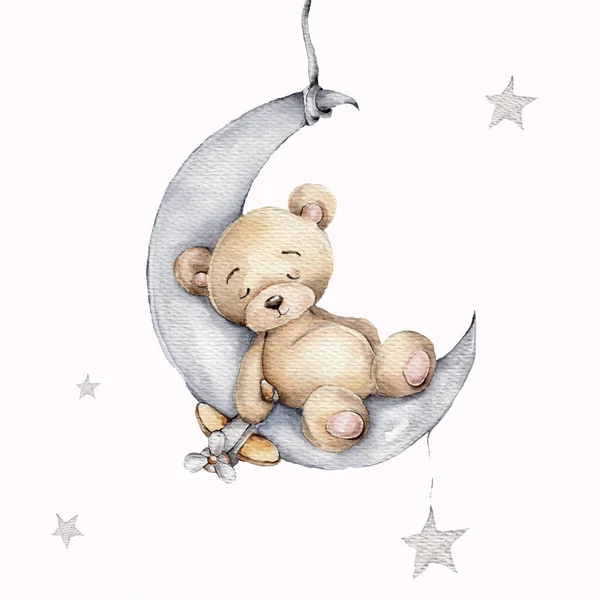 Cute Sleeping Teddy Bear Silver Moon Watercolor Hand Draw Illustration — Stock Photo, Image