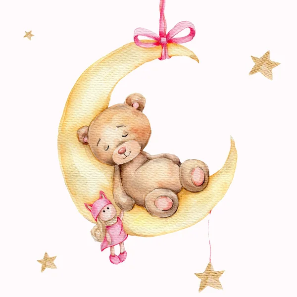 Cute Slepping Teddy Bear Moon Golden Stars Watercolor Hand Draw — Stock Photo, Image