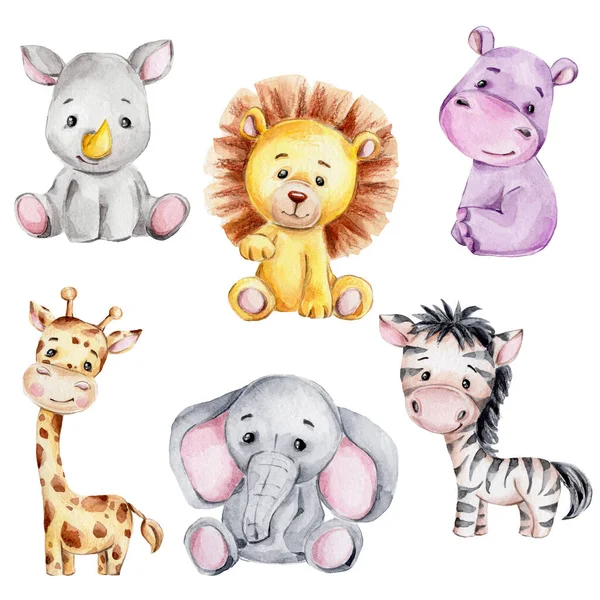 Tatlı zürafa, zebra, gergedan, fil, su aygırı ve aslan ile set; suluboya elle çizim; beyaz izole edilmiş arka plan
