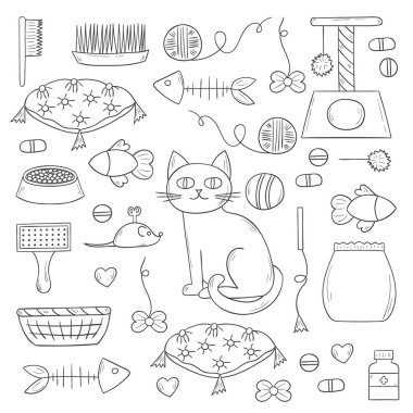Elle çizilmiş kedi bakımı şeyler ile çizgi film illüstrasyon vektör: fare, gıda, evde beslenen hayvan ev, gıda kase. Ev ile ilgili hayvan tasarımı için kedi şeyler simgeler kümesi
