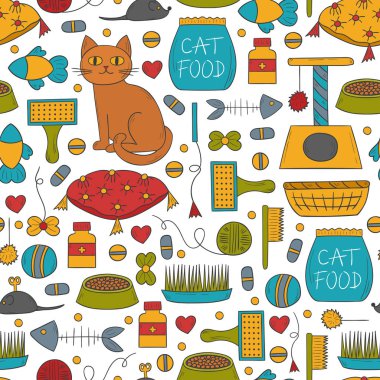 Elle çizilmiş kedi bakımı şeyler arka plan ile çizgi film illüstrasyon vektör: fare, gıda, evde beslenen hayvan ev, gıda kase. Ev ile ilgili hayvan tasarımı için kedi şeyler simgeler kümesi