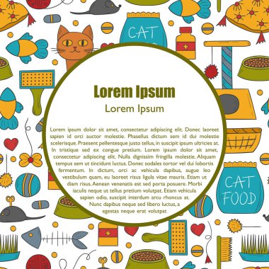 Elle çizilmiş kedi bakımı şeyler arka plan ile çizgi film illüstrasyon vektör: fare, gıda, evde beslenen hayvan ev, gıda kase. Ev ile ilgili hayvan tasarımı için kedi şeyler simgeler kümesi