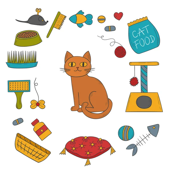 Vector cartoon illustration with hand drawn cat care things: mouse, food, pet house, food bowl. Set of cat things icons for domestic animals design