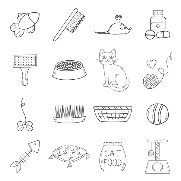 Elle çizilmiş kedi bakımı şeyler ile çizgi film illüstrasyon vektör: fare, gıda, evde beslenen hayvan ev, gıda kase. Ev ile ilgili hayvan tasarımı için kedi şeyler simgeler kümesi