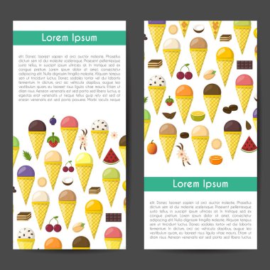 Vektör çizim karikatür dondurma topları koniler ile. Çizgi film buz crean tatlar. Yaz tatlı tatlı. Büyük koleksiyon dondurma lezzeti. Vektör çizgi film arka plan. Meyve tatlı topları